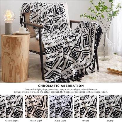 CASAAGUSTO Boho Throw Blanket - Black and White Decorative Blankets with Tassel, Printed Flannel Bohemian Blanket for Chair, Bed, Sofa, Couch(60 * 80, Black and White)