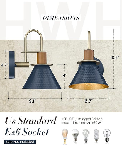 Industrial Wall Sconces Set of Two, HWH Indoor Wall Sconce 1-Light Barn Vanity Light, Gooseneck Wall Lamp for Bathroom Bedroom Bedside Kitchen, Hammered Metal Shade, Navy Blue Finish, 5HZG74B-2 BL+BG
