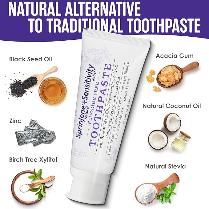 SprinJene Fluoride Free Toothpaste for Sensitive Teeth & Gum Fresh Breath Helps Dry Mouth Natural Non Fluoride Toothpaste for Adult SLS Free, Toxic Preservative Free with Black Seed Oil & Zinc 1 Pack