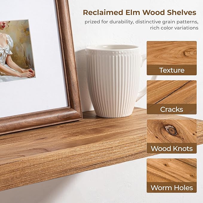 Axeman Floating Shelves for Wall - 32''W x 8'' D Rustic Solid Elm Wood Shelves for Storage, Wall Mounted Display Shelving with Invisible Heavy-Duty Metal Bracket (Natural, 2PCs)