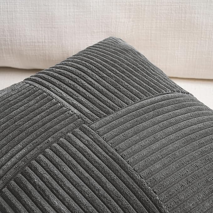 Fancy Homi 2 Packs Dark Gray Big Decorative Throw Pillow Covers 24x24 Inch for Couch Bed Sofa, Rustic Farmhouse Boho Home Decor, Soft Corss Corduroy Patchwork Accent Square Cushion Case 60x60 cm