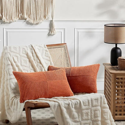 Fancy Homi Set of 2 Burnt Orange Long Lumbar Decorative Throw Pillow Covers 14x24 Inch for Living Room Couch Bed, Boho Farmhouse Fall Home Decor, Soft Corduroy Corss Textured Cushion Case 35x60 cm
