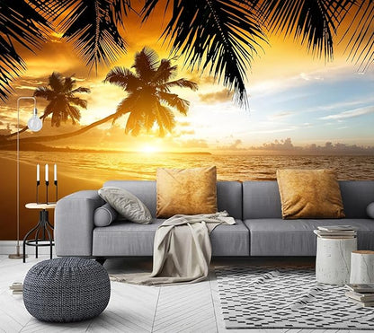 WFBHUA-Tropical Beach Wallpaper Dusk Waves Palm Tree Leaf Coconut Tree Wall Mural for Living Room Bedroom (Not Peel and Stick)