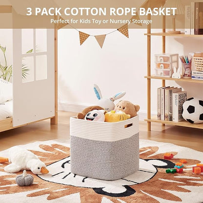 OIAHOMY 13 Kallax Inch Cube Storage Bins, 3-Pack Cotton Rope Woven Baskets for Organizing, Kallax Insert Storage Baskets for Shelves, Baby Nursery, Closet Organizer, 13*13*12.6IN, Grey & White