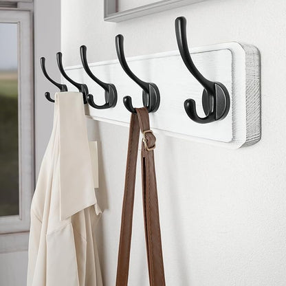 SKOLOO Rustic Wall Mounted Coat Rack, 16 inches Hole to Hole, Case of 2, Pine Solid Wood Coat Hook Hanger - 5 Hooks for Hanging Clothes Robes Towels Coats