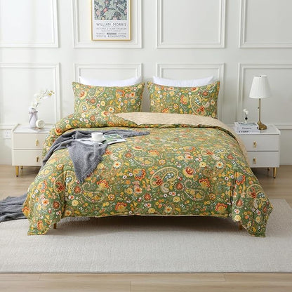 ABREEZE Paisley Bedding Sets 3Pcs Brushed Cotton Duvet Cover Set Queen Size Rustic Damask Green Floral Comforter Cover with Zipper Closure Boho Bedding Collections