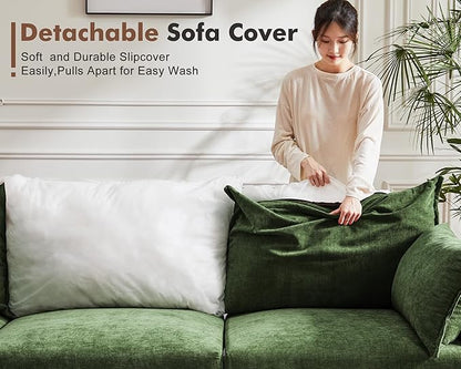 Oversized Loveseat Sofa, Modern Modular Sectional Couch Green Fluffy Chenille Mid Century 2-Seat 24.5" Deep Seat for Apartment, Living Room, Bedroom