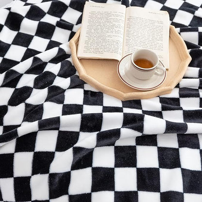 LOMAO Throw Blankets Flannel Blanket with Checkerboard Grid Pattern Soft Throw Blanket for Couch, Bed, Sofa Luxurious Warm and Cozy for All Seasons (Black, 90"x110")