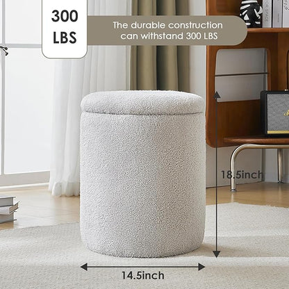 YFO Round Ottoman with Removable Lid Upholstered, Multifunctional Vanity Chairs for Makeup, Soft Footrest Stool Ottoman Foot Stool for Living Room, Bedroom, Boucle, Grey