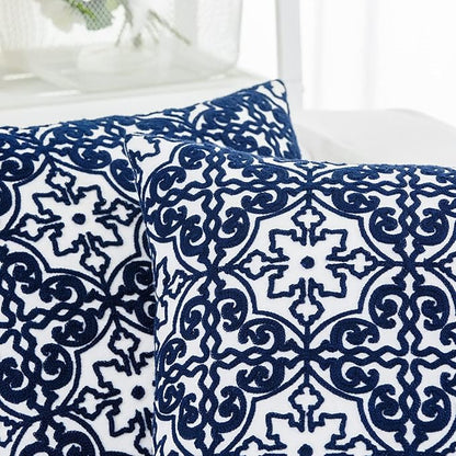 HWY 50 Navy Blue Decorative Throw Pillow Covers 18x18 Inch, Pack of 2 Embroidered Cotton Farmhouse Cushion Cover Pillow Case for Sofa Couch Living Room Bed Bedroon, Modern Pattern
