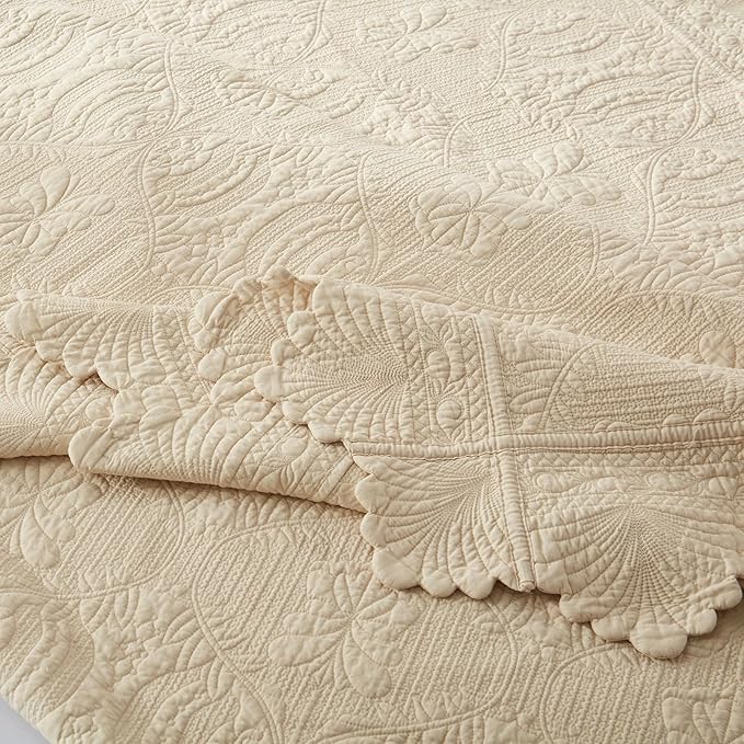 MarCielo 3-Piece 100% Cotton Oversized Bedspread Lightweight Quilt Coverlet Embroidery Farmhouse Bedding Set(TL Beige,Oversized King (118"x106"))