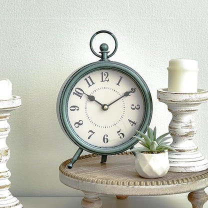 EMAX Home Vintage Green Rustic Retro Table Clock, Silent Non-Ticking, Battery Operated, 10.5"H, 7.28"W, Green Dial, Tabletop, Indoor, Kitchen
