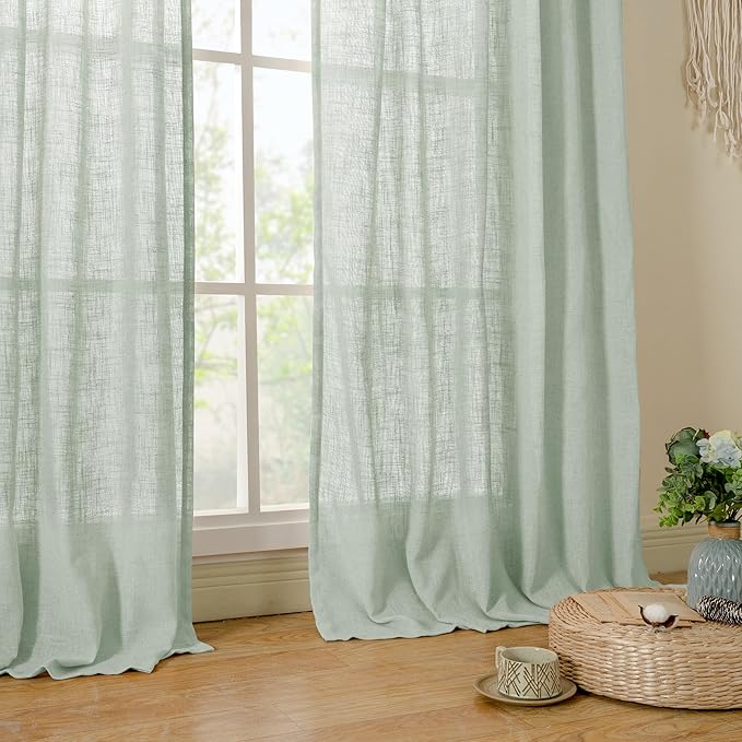 LAMIT 72 Inch Linen Sheer Curtains for Bedroom, Linen Textured Light Filtering Drapes Bronze Grommet Boho Neutral Panels for Farmhouse/Living Room, 2 Panels, 52 x 72 Inch, Light Sage