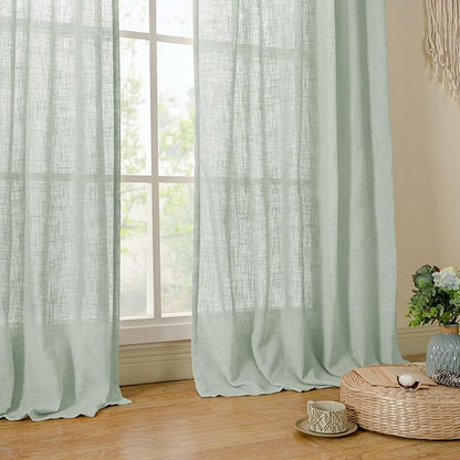 LAMIT Light Sage Linen Curtains 84 inch Length 2 Panels Set, Linen Textured Light Filtering Drapes Bronze Grommet Boho Burlap Panels for Bedroom/Living Room, 52 x 84 Inch