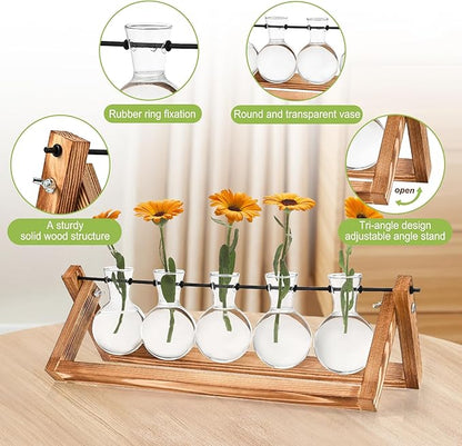 Retro Wood Stand Plant Terrarium with 5 Air Planter Bulb Glass Vases, Perfect for Home, Office, or Wedding Decor. Great Desktop Propagation Station and Plant Lover Gift for Women (5 Bulb Vase)