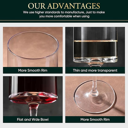 Premium Crystal Wine Glasses - Hand Blown, Thin Rim, Long Stem, Square Unique Design - Set of 4, 15oz - Perfect for Men or Women, Wedding, Anniversary, Christmas, Birthday Gift