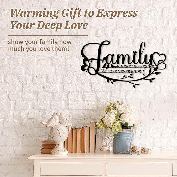 Family Sign Black Metal Wall Art Decor, Oppro Family Where Life Begins Love Never Ends Wrought Iron Wall Decorations, Hanging Plaque Letters Signs Home Decor for Living Room Bedroom Dining Room Kitchen Mother's Day Father's Day