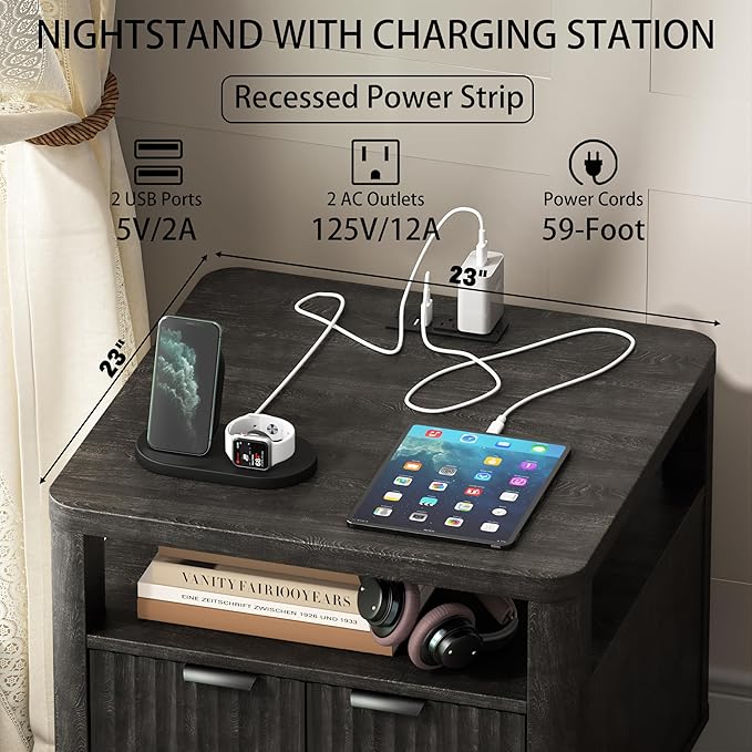 Nightstand Set of 2 with Charging Station, 24" End Table Side Table with Open Shelf, Modern Large Wood Fluted Bedside Cabinet for Bedroom, Living Room, Black