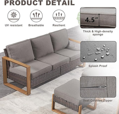Outdoor Couch Wicker Patio Sofa, Rattan Patio Furniture Sofa with Sturdy Frame,All-Weather PE Wicker,Wide Armrest,Deep Seating and Thick Cushions for Deck Porch Garden(Brown/Grey)