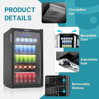 EUHOMY Beverage Refrigerator Cooler, 130 Can Mini Fridge with Glass Door for Soda Beer or Wine, Beverage Cooler for Home, Office, Bar with Adjustable Removable Shelves, Black
