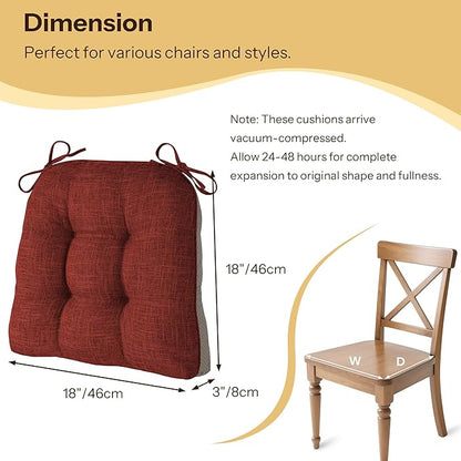 Non Slip Chair Cushions for Dining Chairs Set of 4 Kitchen Chair Cushions 18"x18"x3" Turfted Chair Pads Comfortable and Soft Seat Cushion with Ties, Rust