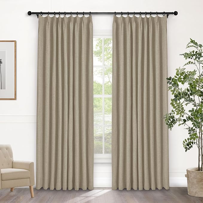 Macochico Light Khaki 100% Blackout Linen Curtains 96 Inches Long Pinch Pleated Curtains for Bedroom Living Room Nursery Farmhouse Insulated Sound Reducing Drapery with Tieback 84”Wx96”L 1 Panel