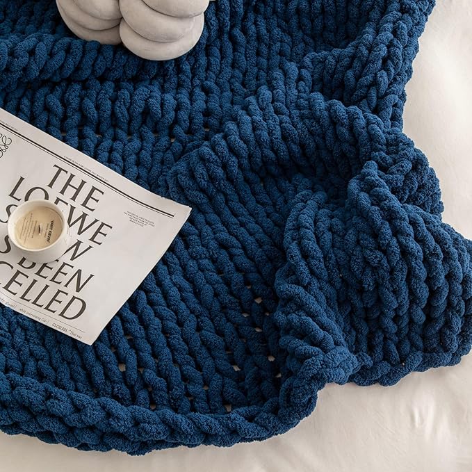 WESHIONGOO Chunky Knit Blanket Throw 40"*40" Knitted Throw Blankets for Couch Bed Fluffy Soft Blanket with Jumbo Chenille Yarn Thick 100% Handmade(Navy Blue)