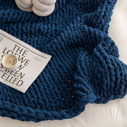WESHIONGOO Chunky Knit Blanket Throw 40"*40" Knitted Throw Blankets for Couch Bed Fluffy Soft Blanket with Jumbo Chenille Yarn Thick 100% Handmade(Navy Blue)