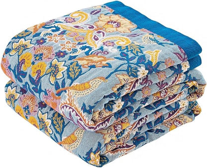 Boho Throw Blanket for Bed, 100% Cotton Soft Rustic Quilt Fall Blanket, 90"x98" Floral Printed Farmhouse Decor Bed Blankets, All Season Rustic Reversible Bohemian Throw Quilt