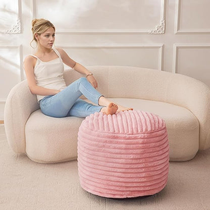 HIGOGOGO Round Stuffed Pouf Ottoman, Stripe Faux Fur Poufs with Foam Chunk Filling, Furry and Fluffy Pouf Foot Stool Storage Ottoman, 26 X 18 Floor Poufs Foot Rest for Living Room, Pink