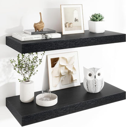 Heimlove 12" Deep Floating Shelves, 36 x 12 Inch Wall Mounted Long Floating Shelf with Invisible Brackets, for Home Decor, Bedroom, Kitchen, Living Room, Bathroom - 2 Pack, Black