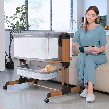 Ezebaby 3-in-1 Baby Bassinet, Rocking Baby Bassinets Bedside Sleeper, Adjustable Portable Crib for Newborn Infant with Wheels Storage Basket and Mesh Sides