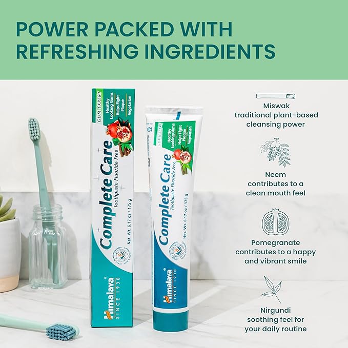 Himalaya Complete Care Toothpaste, Fights Plaque, Freshens Breath, Fluoride Free, Plant-Based, with Neem, Pomegranate, No Artificial Flavors, Cruelty Free, Mint Flavor, 6.17 Oz, 2 Pack…