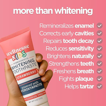 Wellnesse Kids Hydroxyapatite Toothpaste with Xylitol - Fluoride Free Toddler & Kid's Natural Toothpaste, Freshens Breath, Sensory-Friendly Oral Care, Vegan, Strawberry Flavor, 4 oz (Pack of 1)
