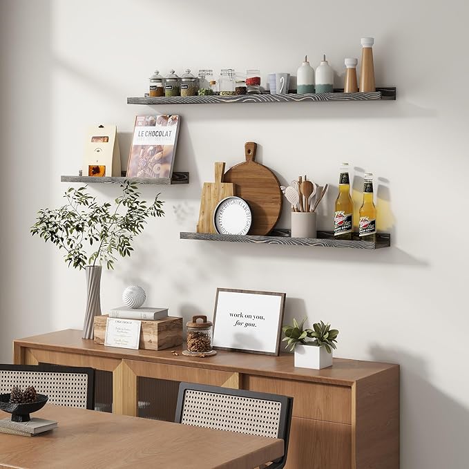 Picture Ledge Wall Shelves 48 Inches Width Set of 3, Solid Pine Wood Rustic Floating Ledge for Kids' Room Bedroom Kitchen Bathroom, Long Floating Shelves for Wall Decor, Grey