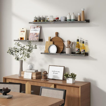 Picture Ledge Wall Shelves 48 Inches Width Set of 3, Solid Pine Wood Rustic Floating Ledge for Kids' Room Bedroom Kitchen Bathroom, Long Floating Shelves for Wall Decor, Grey