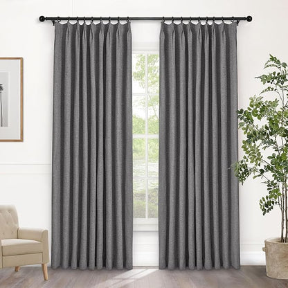 Macochico Pinch Pleated Full Blackout Curtains for Bedroom Living Room Gray Linen Curtains Thermal Insulated and Noise Reducing Window Panels with Tieback Shabby Chic Decor 84”Wx84”L 1 Panel