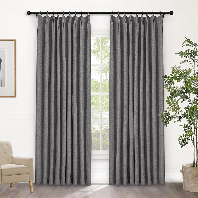 Macochico 52”Wx96”L 100% Blackout Curtains for Bedroom Living Room Nursery Gray Pinch Pleated Linen Curtains Farmhouse Burlap Drapes Thermal Window Panels with Hooks and Tieback 1 Panel