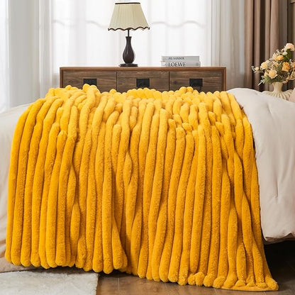 NEWCOSPLAY Faux Fur Twin Blanket Mustard Yellow 3D Ribbed Plush Thick Warm Blanket for Couch Sofa Bed 850GSM (Mustard Yellow Ribbed, Twin(60"x80"))