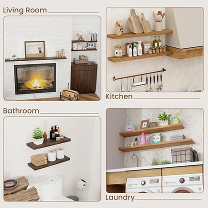 Floating Shelves for Wall Decor, 8" Deep Rustic Solid Elm Wood Floating Shelves Wall Mounted, Wall Shelves with Invisible Bracket for Living Room Bathroom Bedroom Kitchen, 24 Inch Set of 2, Natural