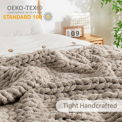 Chunky Knit Blanket Throw, 100% Hand Knit Throw Blanket Handmade Chenille Cable Knit Throw for Couch, Stylish Cozy Soft Rope Knot Crochet Blanket for Home Decor, Beige Linen, 40x50 Inches