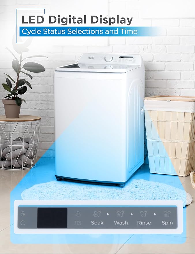 BLACK+DECKER 4.1 Cu. Ft. Top Loading Washing Machine with Agitator, Full Size Washing Machine with Glass Lid and Stainless Steel Tub, Machine with LED Display, 10 Wash Cycles, 120V, BTLW41MW, White