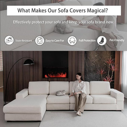 Couch Cushion Covers for Sectional Sofa, Stretch Soft Sofa Slipcovers Washable Wear-Resistant Universal Furniture Protector for Living Room(2 Seaters Covers, Ivory)