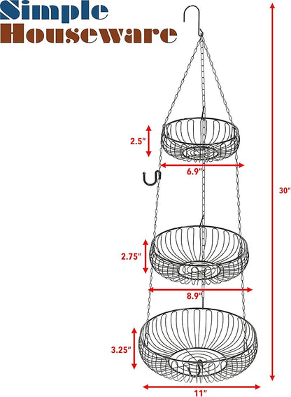 Simple Houseware Adjustable Metal Hanging Fruit Basket, Oblate, Black, 11" W x 11" L x 30" H