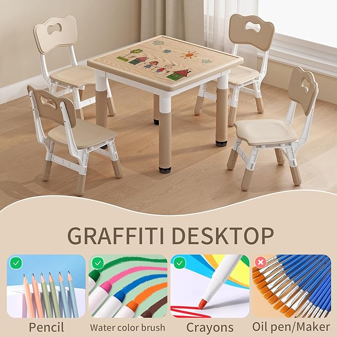 Kid Table and Chairs, Height Adjustable Childrens Table and Chair Set, Kids Tables for Age 2-8, Graffiti Desktop, Table for Kids with 4 Seats, Small Kids Table, Max 300lbs