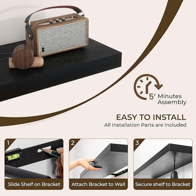 RICHFOCUS 40Inch Floating Shelves for Wall 2 Pack Shelves for Bedroom|Kitchen|Bathroom Wall Mounted Rustic Wood Floating Shelf with Invisible Brackets for Books|Storage|Decor, Black