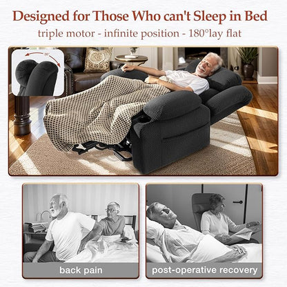 Three Motor Large-Wide Power Lift Chairs Recliners for Big and Tall Elderly, 180° Lay Flat Lift Chair, Infinite Position, Power Headrest, Heat & Vibration Massage (Plush Flannel, Dark Gray)