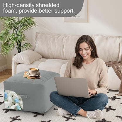 MeMoreCool Square Stuffed Pouf Ottoman Foot Rest, Floor Pouf Foot Stool with Foam Chunk Filling, Soft Stuffed Ottoman Footrest for Living Room, Light Grey