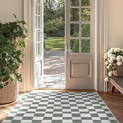 jinchan 3x5 Checkered Area Rugs for Kids Room - Machine Washable Soft Rug Modern Geometric Lattice Non-Slip Carpet for Nursery Playroom Bedroom Entryway Living Room Dining Room Home Office Grey