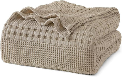 PHF 100% Cotton Waffle Weave Blanket Queen Size, Soft Lightweight Breathable Cozy Summer Blankets for Bed, Luxury Aesthetic Woven Bedding for Home Decor, 90"x90", Simply Taupe